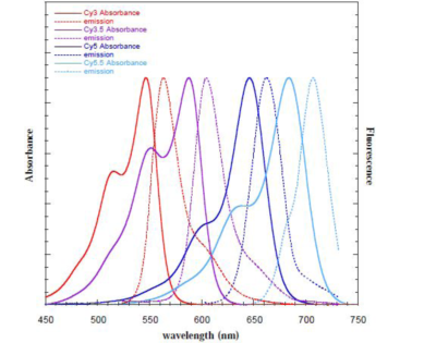 Cy3,Cy5和Cy7菁染料的激发波长光谱图