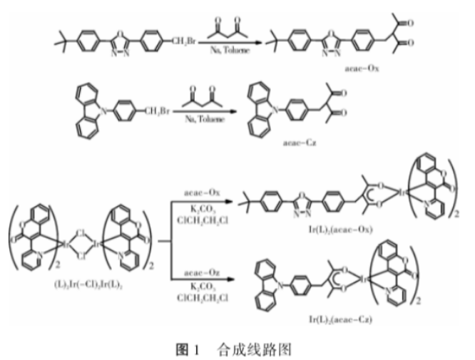 铱配合物|3-(2-吡啶)香豆素环金属铱配合物Ir(L)2(acac-Ox)和Ir(L)2(acac-Cz)的合成路线